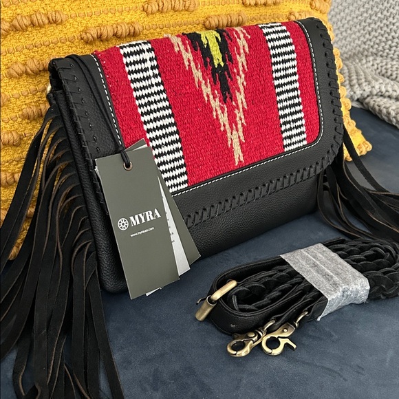 Myra Bag Handbags - New Myra Bag Black Genuine Leather Crossbody with Aztec Rug & Fringe